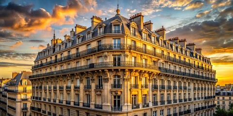 Tilted angle of a Parisian Haussmann building during golden hour with warm glow