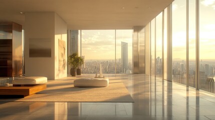 Fototapeta premium A modern, spacious interior with large windows showcasing a city skyline at sunset.