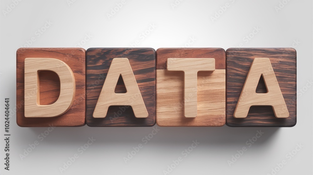 Poster wooden letter blocks forming the word data on a plain background symbolizing information technology 