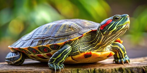 Tilted angle of red eared slider turtle with patterned shell