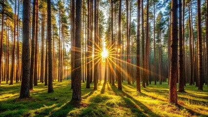 Fototapeta premium Tilted angle of sun shining through trees in Russian forest