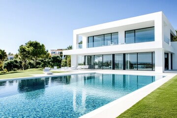 Fototapeta premium A contemporary villa with clean lines, a sleek white exterior, and large glass windows