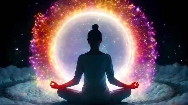 Person meditating inside a sphere of gravitational waves and subatomic particles. Generative AI