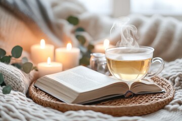 A cozy scene featuring an open book resting on a wicker tray, accompanied by a steaming cup