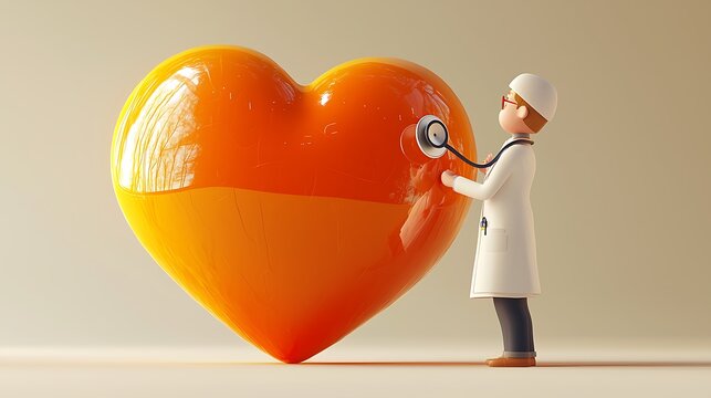 Cartoon Doctor Examining Giant Heart with Stethoscope