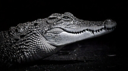 Fototapeta premium An elegant black and white shot of crocodile in a dark setting