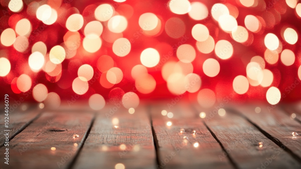 Poster soft red bokeh lights twinkle warmly, adding a delightful glow above a rustic wooden table, perfect 