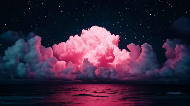 fabulous colorful beach with waves and incredibly purple clouds and starry sky