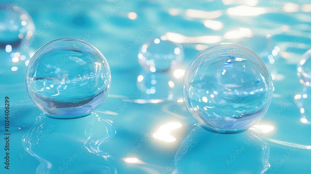 Poster 3D rendering of glass bubbles arranged in a setting resembling a blue swimming pool featuring light reflections