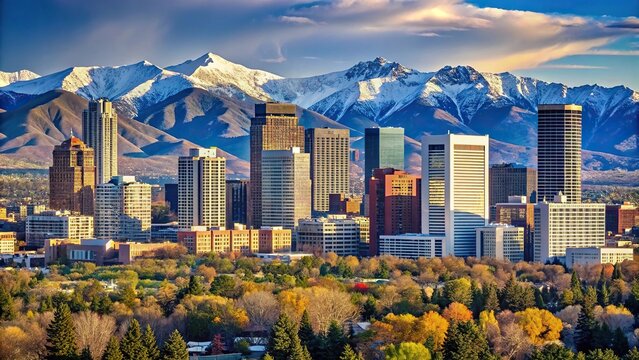 Tilted angle skyline view of Denver downtown and Rocky Mountains
