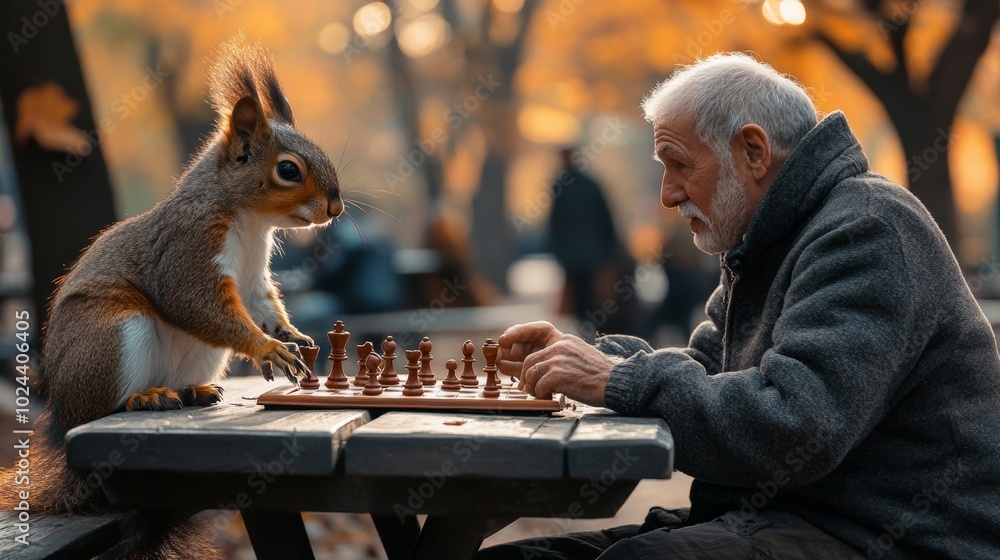Poster man and a squirrel are playing chess. the man is wearing a gray jacket and the squirrel is sitting o