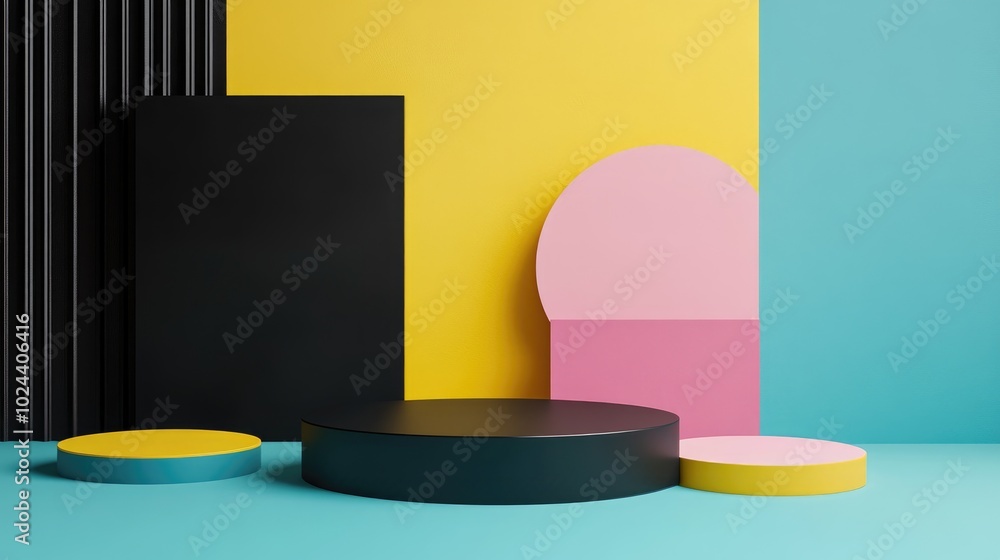 Poster 3D render of abstract colorful geometric shapes featuring a blank product display mockup with an empty stage and a round podium providing ample copy space Assorted blocks in pink blue yellow and b