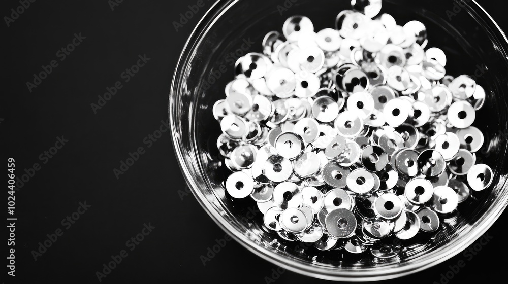 Aufkleber black and white image of silver sequins arranged in a glass container symmetrical composition agains