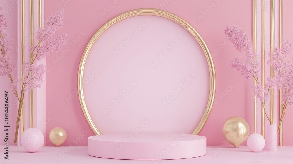 Poster 3d rendering of a top view flat lay display featuring a pastel lavender pink podium offering a minim