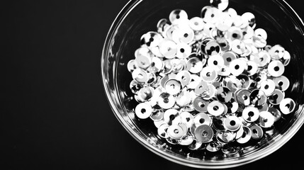 Black and white image of silver sequins arranged in a glass container Symmetrical composition against a dark background