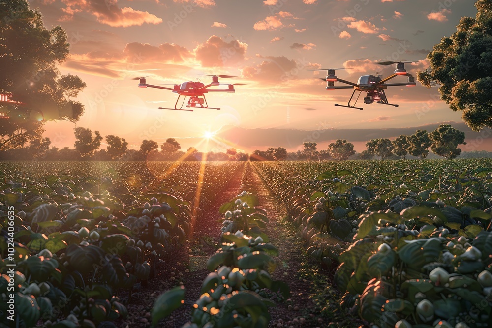 Poster Drones and robots equipped with AI technology monitor crops at a high-tech farm during a vibrant sunset in a sustainable setting. Generative AI