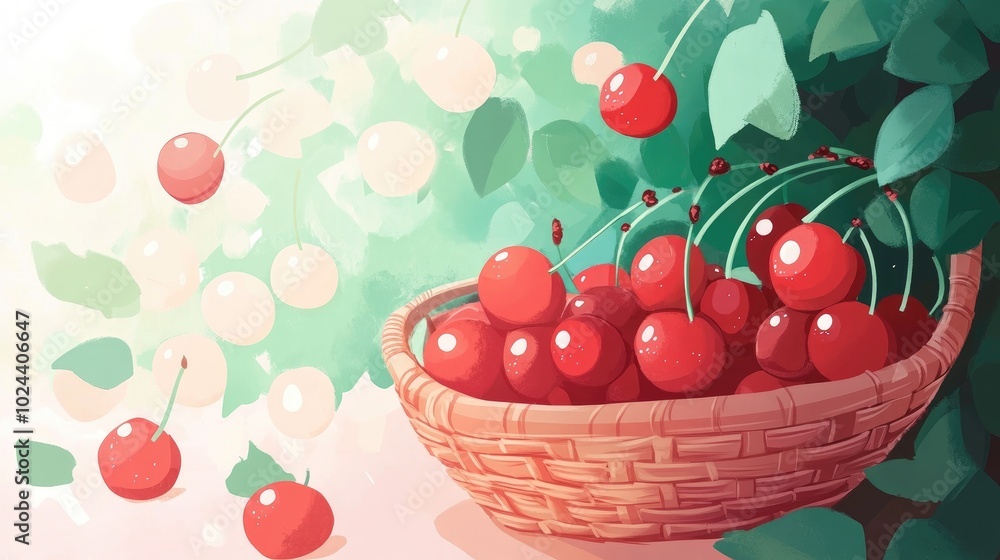 Poster close up of cherries on a wicker cradle