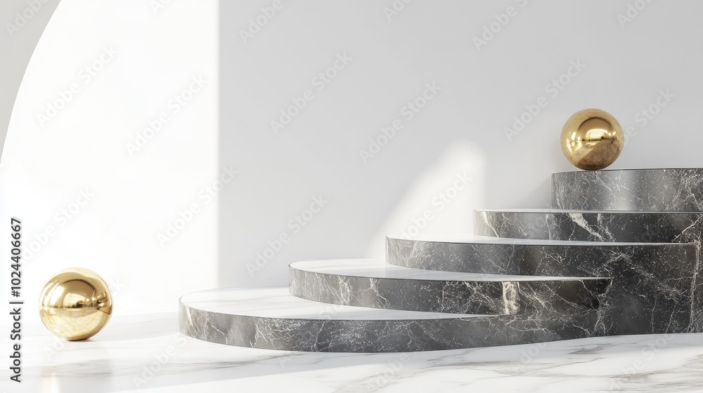 Poster black and white marble pedestal steps against a white backdrop featuring gold spheres and three cyli