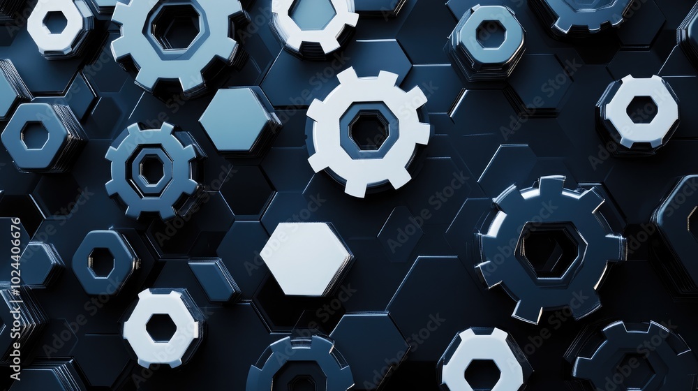 Poster Black And White Technology Background Pattern Abstract Hexagonal 3D Wallpaper Futuristic Gears And Graphic Design Technology Innovation Banner
