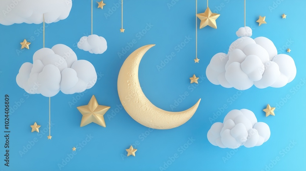 Poster 3d illustration of a crescent moon golden stars and white clouds set against a blue background ideal