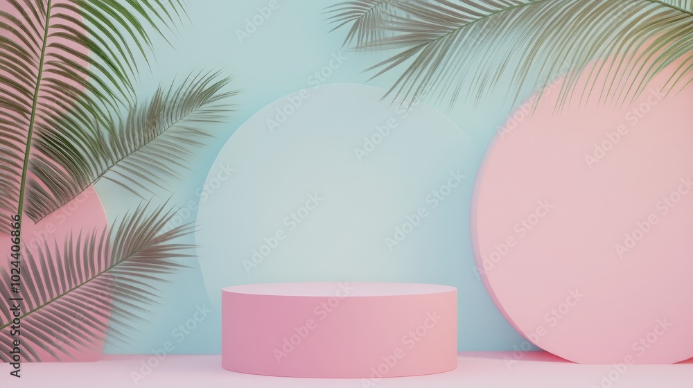 Aufkleber 3D rendering of a podium display in a boho style featuring abstract shapes and palm leaves Minimal pastel background designed for showcasing cosmetics and products