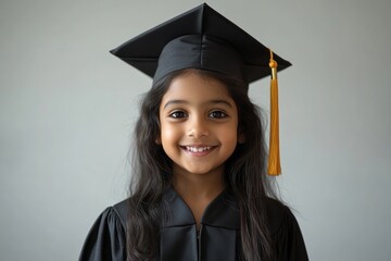 Girl wearing a black gold graduation cap and gown. She is smiling, looking at the camera. smiling Indian child wearing a graduation cap and gown, front view, standing against a plain white background