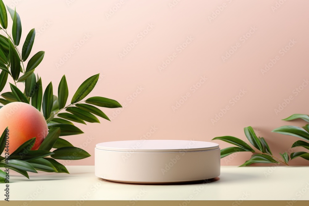 Poster minimalist product display with peach and greenery
