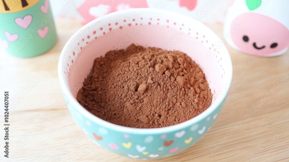 Poster cocoa powder in a bowl on a wooden surface