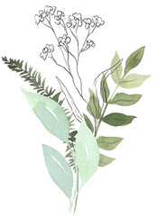 Watercolor green handpainted botanical leaf illustration