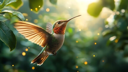 Naklejka premium A hummingbird in flight with bokeh background, flying through the air with green leaves.