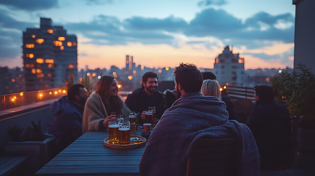 A group of people are sitting around a table on a rooftop, enjoying drinks