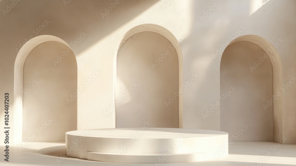 Aufkleber Abstract display podium featuring minimal geometric shapes design 3D rendering scene for mock up and product presentation Pedestal platform for cosmetic advertisements with various simple arch sha