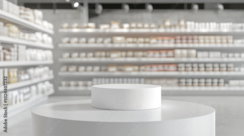 Poster 3d render of a creative product display in a supermarket showcasing a white mockup podium