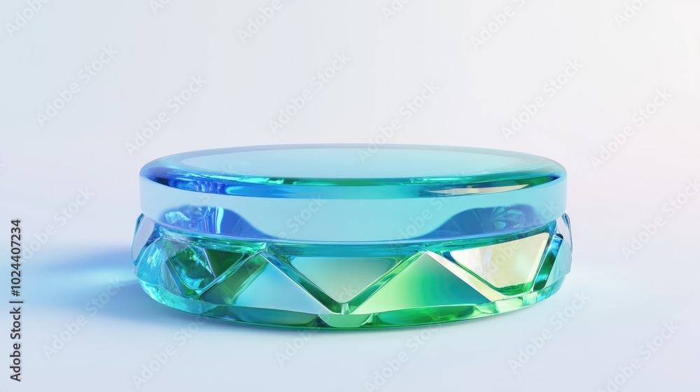 Poster 3D render of an abstract podium on a white background Pedestal made of gemstones for displaying products Isolated crystals Empty showcase for promotional mockup Minimalist round stage in blue tran