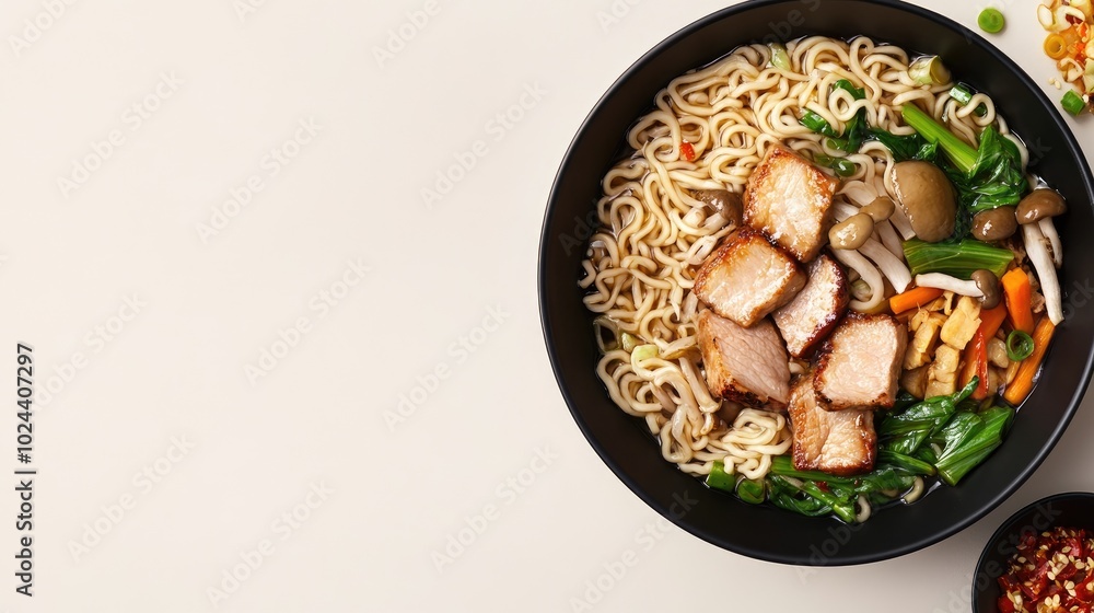 Poster bowl of asian noodles with pork vegetables and mushrooms viewed from above with empty space for text