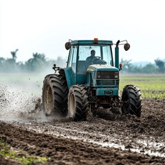 Tractor plowing through a muddy field on a farm