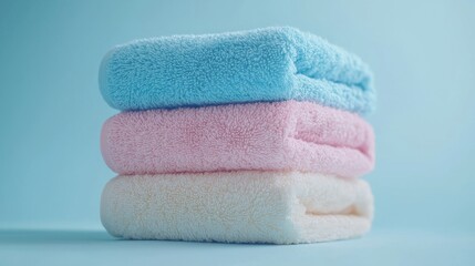 Stack of pastel-colored towels on a soft blue background