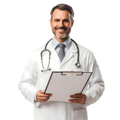A doctor is holding a tablet with a picture of a man in a white coat