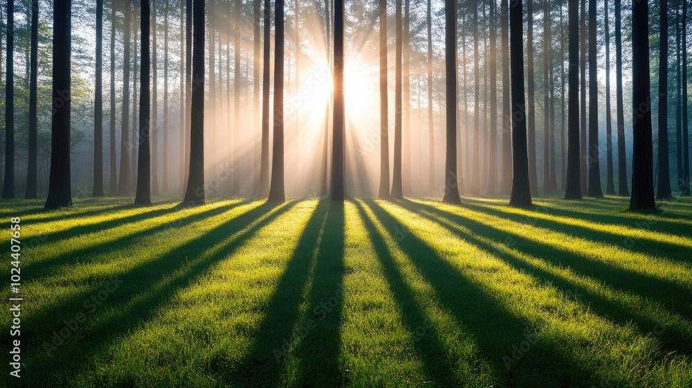 Poster sunlight filtering through trees at dawn