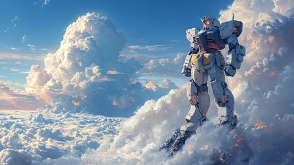 Gundam with Glowing Eyes in a Dynamic Cloudscape