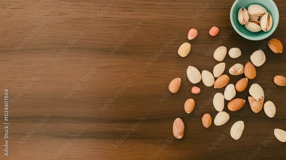 Poster assorted nuts viewed from above on wooden surface