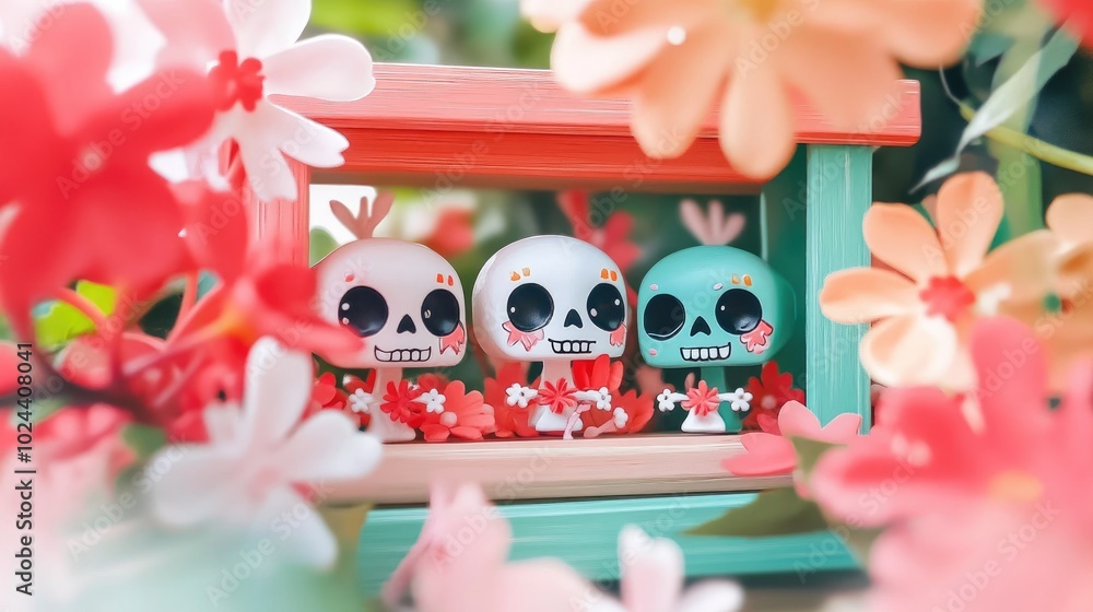 Aufkleber blurred tiny skulls surrounded by a colorful wooden frame and wrightia religiosa blooms