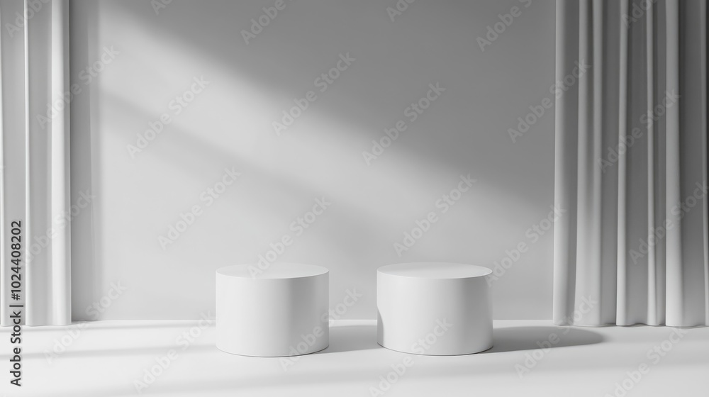 Poster 3D render of an abstract grey background featuring a contemporary minimalistic display with two vacant cylindrical pedestals suitable for showcasing products