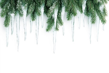 Evergreen branches with icicles and snow, bright and fresh, on a white background, concept of winter beauty