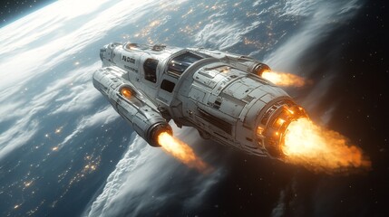 Fototapeta premium Futuristic spacecraft with jetpack and thrusters in space