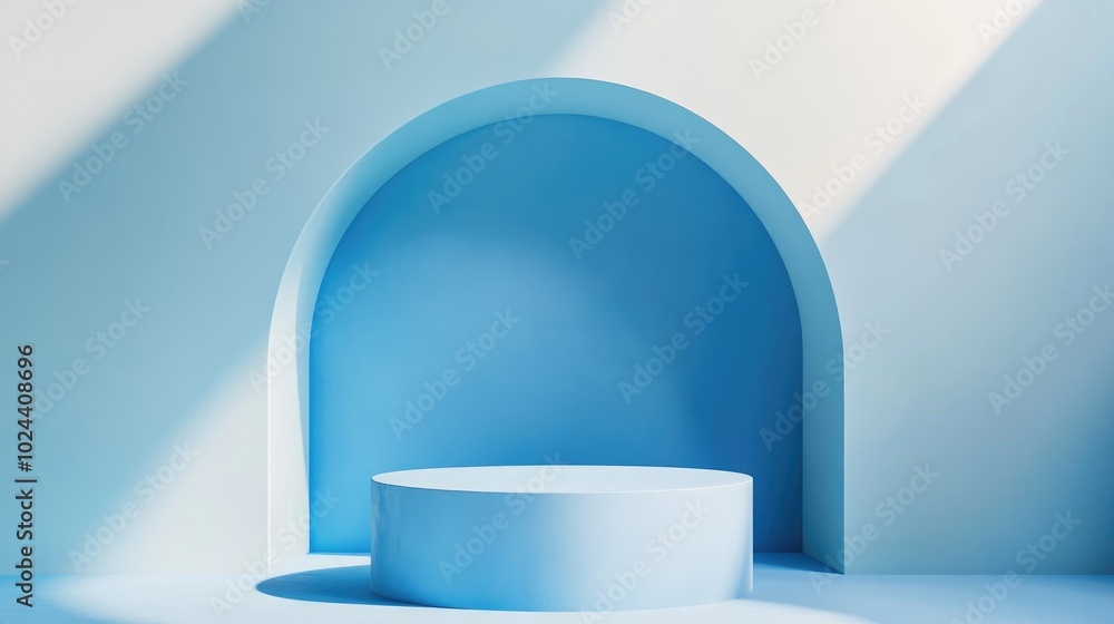 Poster 3d mock up of a blue podium featuring a hemisphere or arch against a light blue backdrop vibrant abs
