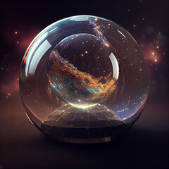 Glass ball containing a miniature universe, showcasing stars and cosmic beauty within its sphere. The galaxy inside the orb creates a sense of wonder and inspires thoughts of the vast universe beyond