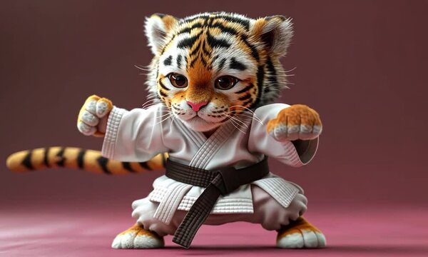 A cute tiger cub wearing a white karate gi and a black belt, in a fighting stance.