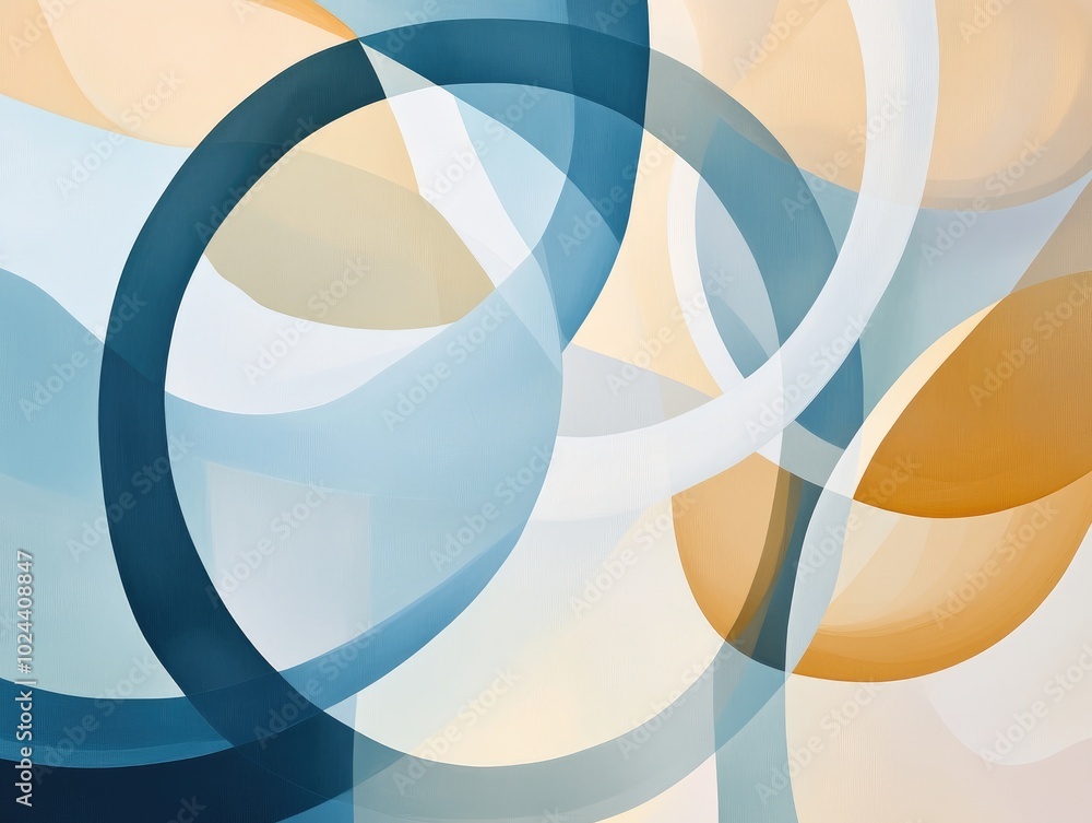 Aufkleber Abstract painting featuring overlapping azure and beige shapes circular chains a light burst smooth lines and translucent forms within a white frame Ideal for wallpaper Vector design