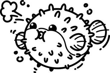 Cartoon puffer fish inflating itself, hand-drawn in line art style. Vector illustration, isolated for easy use in kid's designs, playful projects, and underwater-themed creations.